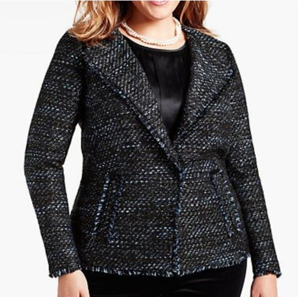 TALBOTS Vienna Black/Blue Metallic‎ Tweed Fringe Jacket - Size 12